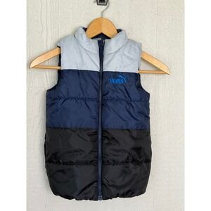 Puma Kids Colorblock Puffer Vest Grey Navy Black Size 7 Full Zip Sleeveless